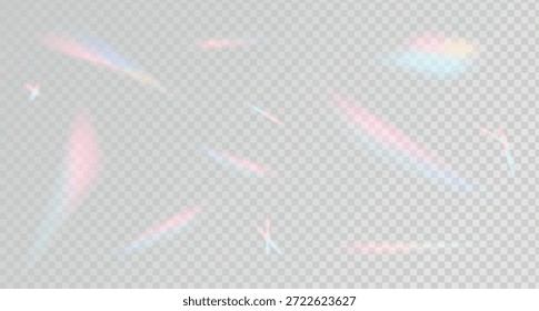 Holographic light with overlay prism effect. Glow rainbow shadow. Blurred blue, pink color crystal reflection. Set of iridescent lens. Isolated vector illustration on transparent background.