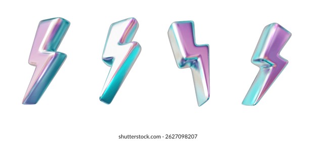 3D-Vektor für holografische Blitze. Chrome Neon Gradient mit Glanz. Symbol für Energie, Elektrizität, Gefahr isoliert.