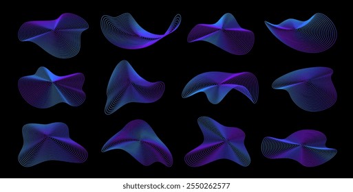 Holographic line wave shapes, 3d sound fluid. Vector set of abstract, neon colored, curve forms creating a mesmerizing futuristic effect. Dynamic visual elements, embodies modernity and innovation