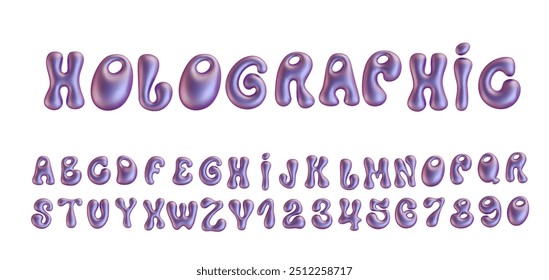 Holographic Liquid font set in metallic colors. Realistic 3d inflated alphabet and numbers metal effect. Liquid metal chrome shaped