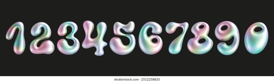 Holografische Flüssigkeitszahl im y2k-Stil einzeln. Realistische 3D Metall Neon aufgeblasen irisierenden Zahlen mit Regenbogen-Effekt.