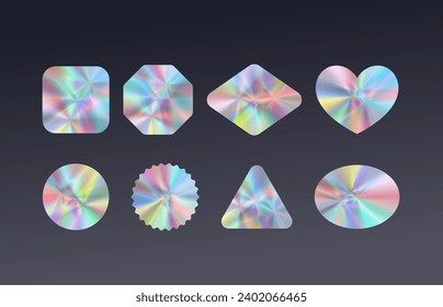 Etiquetas del logo holográfico con patrones abstractos en el color arcoiris con iconos vectoriales realistas. Bandas metálicas brillantes sobre fondo negro. Etiquetas comerciales