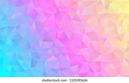 Holographic Low Poly Vector Background. Blue, Pink, Yellow Pastel Rainbow. Vivid Gradient Sparkling Facets. Multicolored Shiny Crystal Texture. Illustration for Web, Mobile Interfaces or Print Design.