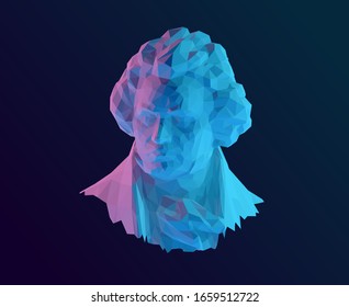 Holographic Ludwig van Beethoven on Isolated Background. Vibrant Low Poly Vector 3D Rendering