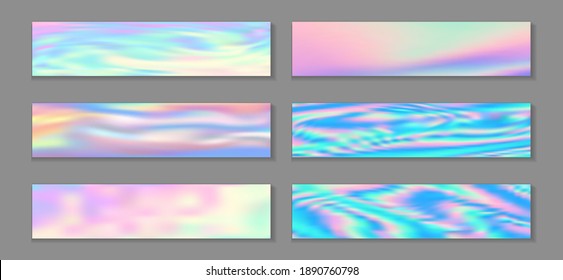 Holographic magic banner horizontal fluid gradient unicorn backgrounds vector set. Beautiful hologram texture gradients. Fluid graphic design fashionable unicorn backgrounds.