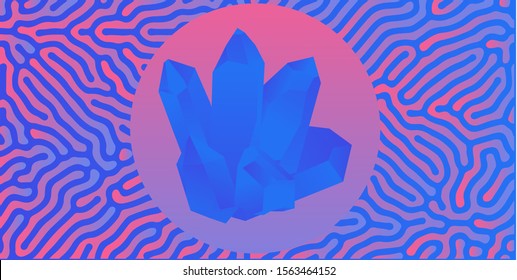 Holographic magic crystals on turing reaction-diffusion pattern background. Vaporwave and synthwave surrealistic style illustration.