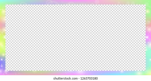 Holographic magic rectangle frame with fairy sparkles, stars and blurs. Magical border with rainbow mesh and space for text. Cute universe banner in princess unicorn colors. Fantasy gradient billboard