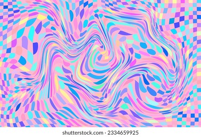 Holographic marbled pattern. Checkered trippy psychedelic background. Swirl groovy pastel color print. Wavy abstract wallpaper. Curvy liquid texture. Vector illustration.