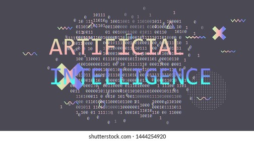 Holographic matrix of binary code, Conceptual image of AI (artificial intelligence), VR (virtual reality), Deep Learning  and Face recognition systems. Cyberpunk style vector illustration.