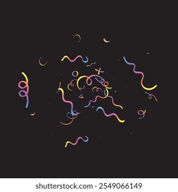 Holographic Memphis Confetti Background. Abstract Vector Geometric Kid Rainbow Pattern. Pride Graphic Lines for Winners and Birthday Cards. 2025 Neon Party. Poster Cover in 80s Style.