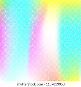 Holographic mermaid background with gradient scales. Bright color transitions. Fish tail banner and invitation. Underwater and sea pattern for party. Hipster backdrop with holographic mermaid.