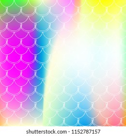 Holographic mermaid background with gradient scales. Bright color transitions. Fish tail banner and invitation. Underwater and sea pattern for party. Pearlescent backdrop with holographic mermaid.