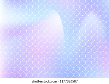 Holographic mermaid background with gradient scales. Bright color transitions. Fish tail banner and invitation. Underwater and sea pattern for girlie party. Plastic back with holographic mermaid.