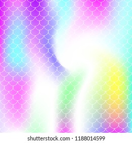 Holographic mermaid background with gradient scales. Bright color transitions. Fish tail banner and invitation. Underwater and sea pattern for party. Pearlescent backdrop with holographic mermaid.