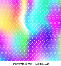 Holographic mermaid background with gradient scales. Bright color transitions. Fish tail banner and invitation. Underwater and sea pattern for party. Plastic backdrop with holographic mermaid.