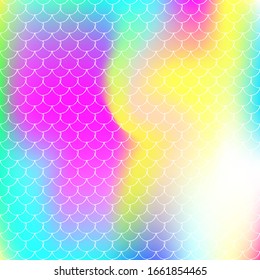 Holographic mermaid background with gradient scales. Bright color transitions. Fish tail banner and invitation. Underwater and sea pattern for party. Trendy backdrop with holographic mermaid.