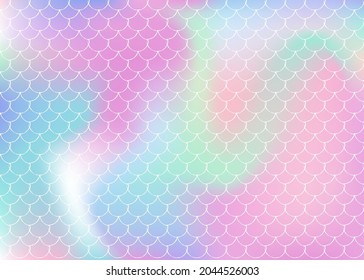 Holographic mermaid background with gradient scales. Bright color transitions. Fish tail banner and invitation. Underwater and sea pattern for girlie party. Neon back with holographic mermaid.