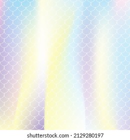 Holographic mermaid background with gradient scales. Bright color transitions. Fish tail banner and invitation. Underwater and sea pattern for party. Fluorescent backdrop with holographic mermaid.