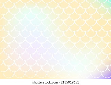 Holographic mermaid background with gradient scales. Bright color transitions. Fish tail banner and invitation. Underwater and sea pattern for girlie party. Multicolor back with holographic mermaid.