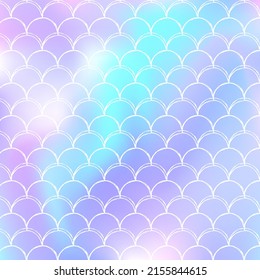 Holographic mermaid background with gradient scales. Bright color transitions. Fish tail banner and invitation. Underwater and sea pattern for party. Colorful backdrop with holographic mermaid.