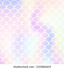 Holographic mermaid background with gradient scales. Bright color transitions. Fish tail banner and invitation. Underwater and sea pattern for party. Bright backdrop with holographic mermaid.