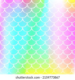 Holographic mermaid background with gradient scales. Bright color transitions. Fish tail banner and invitation. Underwater and sea pattern for party. Plastic backdrop with holographic mermaid.