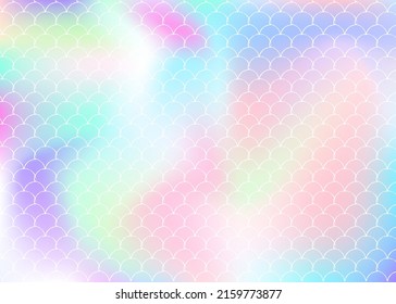 Holographic mermaid background with gradient scales. Bright color transitions. Fish tail banner and invitation. Underwater and sea pattern for girlie party. Hipster back with holographic mermaid.