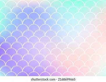 Holographic mermaid background with gradient scales. Bright color transitions. Fish tail banner and invitation. Underwater and sea pattern for girlie party. Stylish back with holographic mermaid.