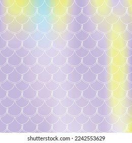 Holographic mermaid background with gradient scales. Bright color transitions. Fish tail banner and invitation. Underwater and sea pattern for party. Colorful backdrop with holographic mermaid.