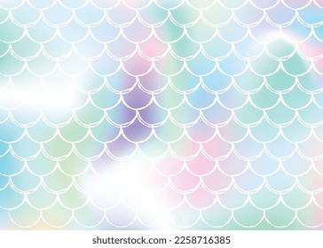 Holographic mermaid background with gradient scales. Bright color transitions. Fish tail banner and invitation. Underwater and sea pattern for girlie party. Futuristic back with holographic mermaid.