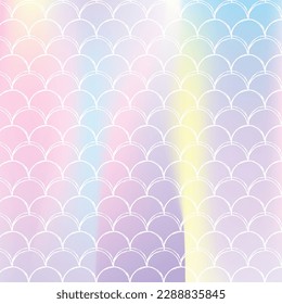 Holographic mermaid background with gradient scales. Bright color transitions. Fish tail banner and invitation. Underwater and sea pattern for party. Trendy backdrop with holographic mermaid.