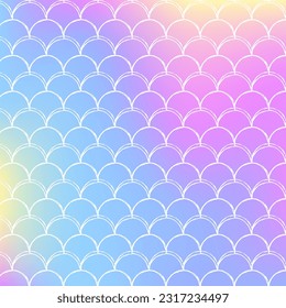 Holographic mermaid background with gradient scales. Bright color transitions. Fish tail banner and invitation. Underwater and sea pattern for party. Iridescent backdrop with holographic mermaid.