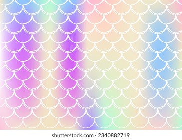 Holographic mermaid background with gradient scales. Bright color transitions. Fish tail banner and invitation. Underwater and sea pattern for girlie party. Bright back with holographic mermaid.