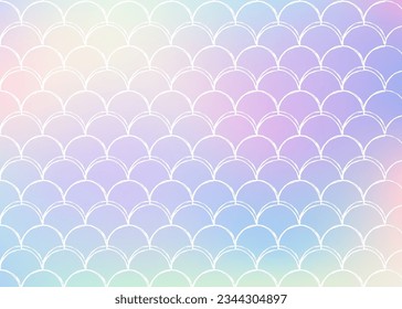 Holographic mermaid background with gradient scales. Bright color transitions. Fish tail banner and invitation. Underwater and sea pattern for girlie party. Creative back with holographic mermaid.