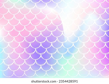 Holographic mermaid background with gradient scales. Bright color transitions. Fish tail banner and invitation. Underwater and sea pattern for girlie party. Plastic back with holographic mermaid.