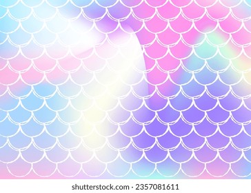 Holographic mermaid background with gradient scales. Bright color transitions. Fish tail banner and invitation. Underwater and sea pattern for girlie party. Multicolor back with holographic mermaid.
