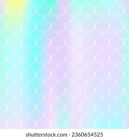 Holographic mermaid background with gradient scales. Bright color transitions. Fish tail banner and invitation. Underwater and sea pattern for party. Futuristic backdrop with holographic mermaid.