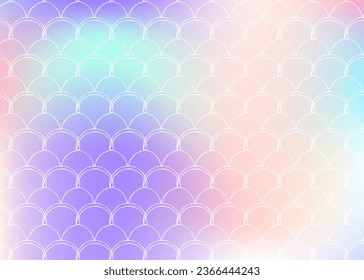 Holographic mermaid background with gradient scales. Bright color transitions. Fish tail banner and invitation. Underwater and sea pattern for girlie party. Hipster back with holographic mermaid.