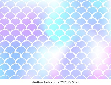 Holographic mermaid background with gradient scales. Bright color transitions. Fish tail banner and invitation. Underwater and sea pattern for girlie party. Multicolor back with holographic mermaid.