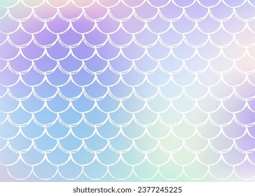 Holographic mermaid background with gradient scales. Bright color transitions. Fish tail banner and invitation. Underwater and sea pattern for girlie party. Spectrum back with holographic mermaid.