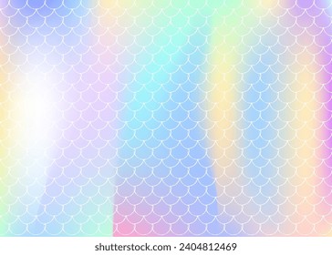 Holographic mermaid background with gradient scales. Bright color transitions. Fish tail banner and invitation. Underwater and sea pattern for girlie party. Neon back with holographic mermaid.