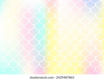 Holographic mermaid background with gradient scales. Bright color transitions. Fish tail banner and invitation. Underwater and sea pattern for girlie party. Iridescent back with holographic mermaid.