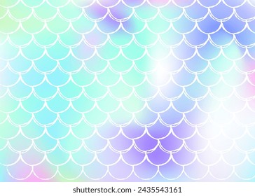 Holographic mermaid background with gradient scales. Bright color transitions. Fish tail banner and invitation. Underwater and sea pattern for girlie party. Trendy back with holographic mermaid.