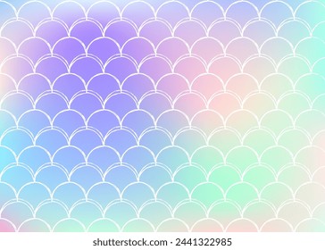 Holographic mermaid background with gradient scales. Bright color transitions. Fish tail banner and invitation. Underwater and sea pattern for girlie party. Hipster back with holographic mermaid.