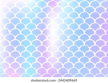 Holographic mermaid background with gradient scales. Bright color transitions. Fish tail banner and invitation. Underwater and sea pattern for girlie party. Neon back with holographic mermaid.