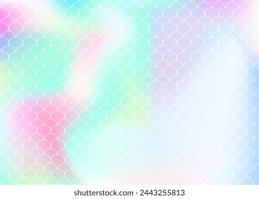 Holographic mermaid background with gradient scales. Bright color transitions. Fish tail banner and invitation. Underwater and sea pattern for girlie party. Futuristic back with holographic mermaid.