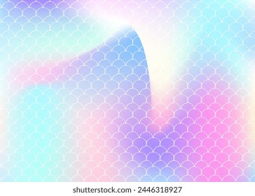 Holographic mermaid background with gradient scales. Bright color transitions. Fish tail banner and invitation. Underwater and sea pattern for girlie party. Hipster back with holographic mermaid.