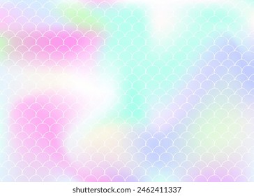 Holographic mermaid background with gradient scales. Bright color transitions. Fish tail banner and invitation. Underwater and sea pattern for girlie party. Multicolor back with holographic mermaid.