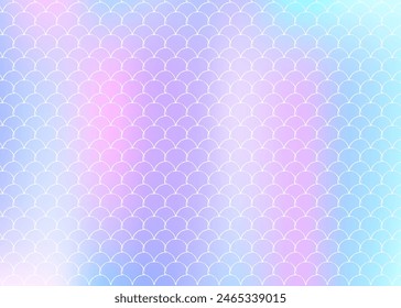 Holographic mermaid background with gradient scales. Bright color transitions. Fish tail banner and invitation. Underwater and sea pattern for girlie party. Multicolor back with holographic mermaid.