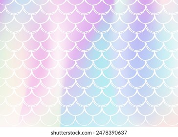 Holographic mermaid background with gradient scales. Bright color transitions. Fish tail banner and invitation. Underwater and sea pattern for girlie party. Vibrant back with holographic mermaid.